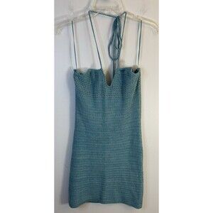 OLIVE + OAK Turquoise Crochet Mini Dress Women Large Halter Sweater Lined Casual